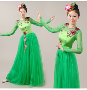 Green long length women's ladies female competition performance modern dance flamenco chorus cos play dancing dresses outfits